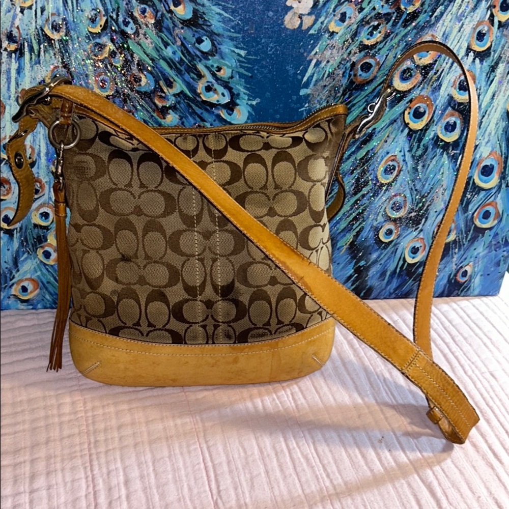 Vintage Coach Signature Canvas Monogram with Tan Leather Crossbody/Shoulder Bag